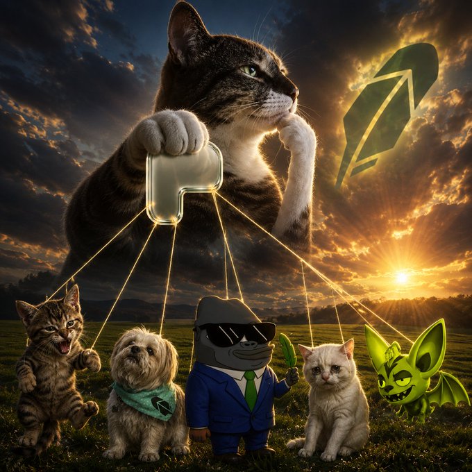 A giant tabby cat looms over a dramatic sunset landscape, pulling puppet strings attached to a kitten, a dog in a bandana, a Pepe the Frog dressed in a suit, a white kitten, and a green dragon-like creature, with a stylized logo hovering in the sky. The "hmm" caption humorously reflects the surreal, contemplative mood of the cat orchestrating its meme-fueled cast of characters.
