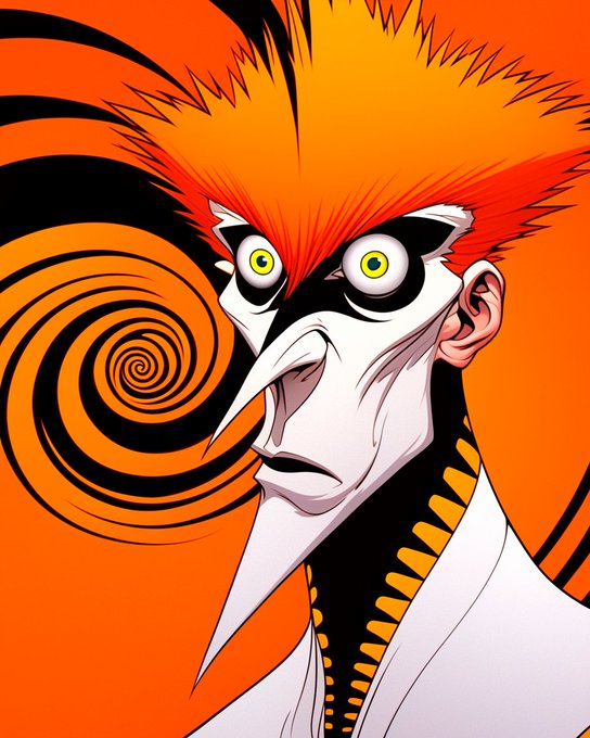 A stylized anime-style illustration of a man with wild orange spiky hair, a long pointed nose, wide yellow eyes, and a black-and-orange spiral pattern in the background.