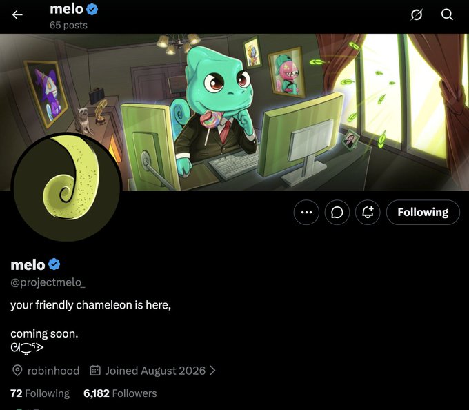 Screenshot of a Twitter/X profile for 'melo' (@projectmelo_), a verified account with the bio 'your friendly chameleon is here, coming soon' and 6,182 followers. The header features an animated chameleon character sitting at a computer desk.