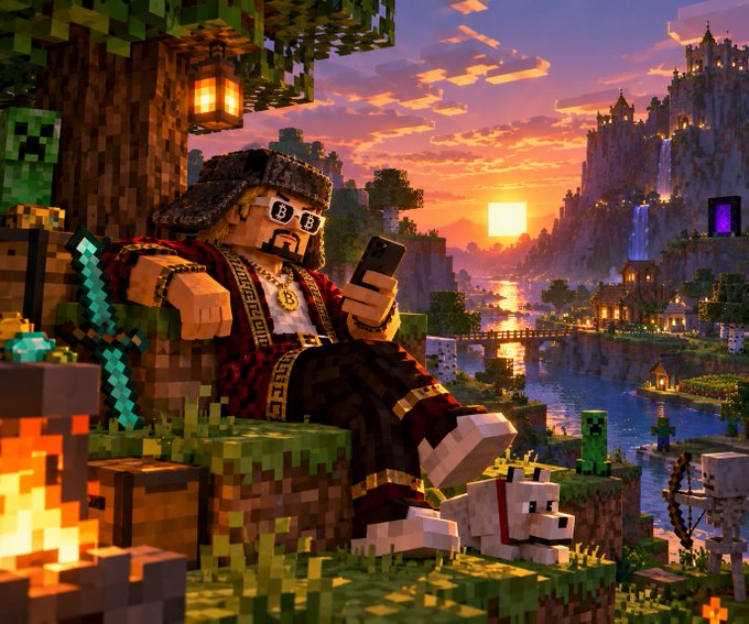 A pixel-art style image shows a blocky character with a beard and sunglasses looking at a phone in a vibrant Minecraft landscape at sunset.