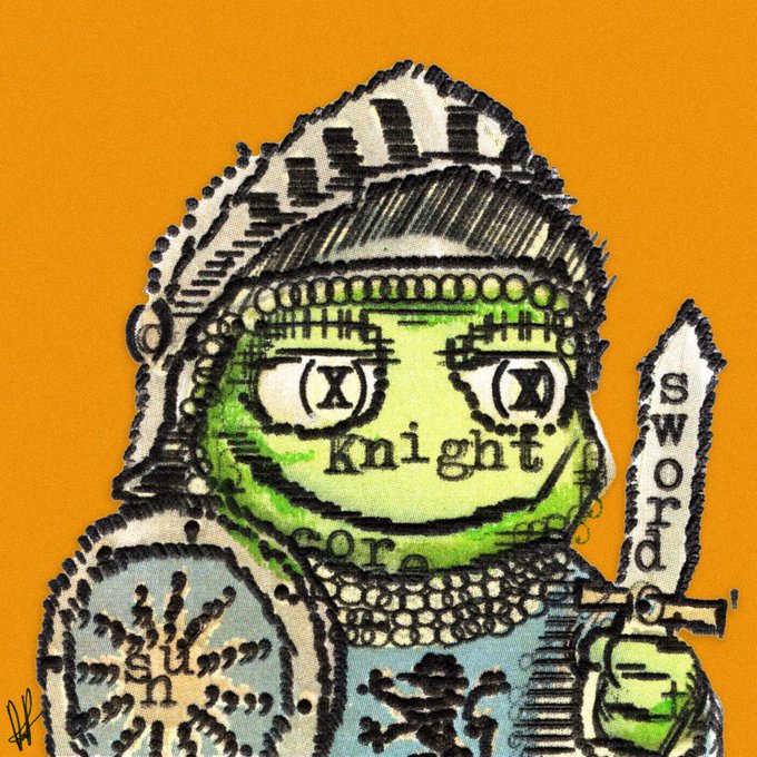 A cartoon knight character with green skin wearing armor and a helmet, holding a sword labeled 'sword' with the word 'Knight' visible on its face against an orange background.