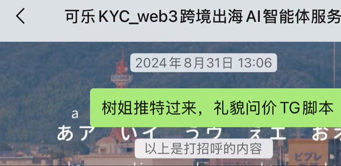 A screenshot of a Chinese messaging app chat from "可乐 KYC_web3跨境出海 AI智能体服务" dated 2024年8月31日 13:06, showing a message about being referred by "树姐" to inquire about pricing for a TG script polite greeting ("礼貌问价 TG 脚本").

The image relates to the post as it appears to depict a business inquiry for services (likely web3/crypto related given the channel name referencing "KYC" and "AI智能体"), connecting to the author's discussion of monthly income settlement from BNB gains and on-chain sniping activities.