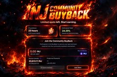 A promotional graphic with a fiery orange and black theme titled 'INJ COMMUNITY BUYBACK' showing '23 Hours' and '26.29%' remaining, targeting '0.00 INJ' to join the buyback.