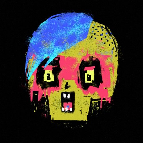 A vibrantly colored skull artwork featuring bold blue, yellow, and pink hues with pixelated digital glitches, created by artist @XCOPYART and titled "Yellow Shady Grifter," which sold for 17.5 ETH ($32,835). The image's striking glitch-art aesthetic directly matches the post about this specific NFT sale.