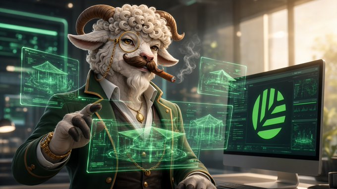 A whimsical digital illustration of an anthropomorphic ram character with curly white wool, a mustache, and a monocle, smoking a cigar while surrounded by floating green holographic blueprints and a computer monitor displaying a leaf logo.