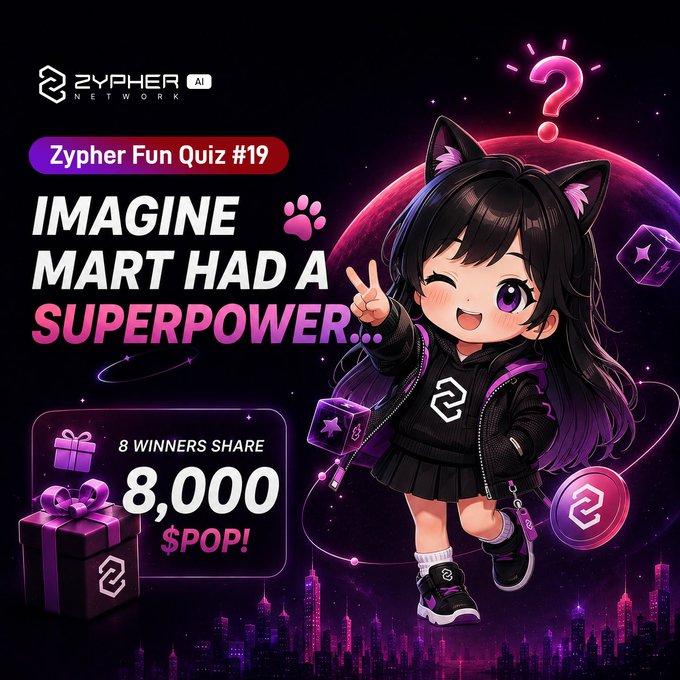 A 'Zypher Fun Quiz #19' promotional graphic titled 'IMAGINE MART HAD A SUPERPOWER...' featuring an anime-style catgirl mascot, with 8 winners sharing 8,000 $POP prize.