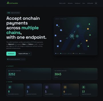 The image shows a website page with a green header, divided into two columns featuring text written in white. The top left corner displays a black background with text indicating that a new payment has been accepted for multiple chains and asking the user to accept one chain. In the bottom right corner of the page, there is an x402 standard message stating that the payment required is in this API (Advanced Financial Processing). A screenshot can also be seen on the image.