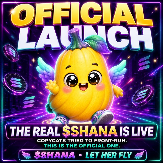 A promotional poster with neon purple styling announces 'OFFICIAL LAUNCH' featuring a cute cartoon pumpkin character with wings, with text reading 'THE REAL $SHANA IS LIVE', 'COPYCATS TRIED TO FRONT-RUN. THIS IS THE OFFICIAL ONE.', and '$SHANA • LET HER FLY'.