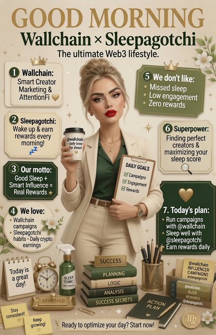 The image features a woman holding a coffee cup while standing next to a desk filled with various items such as books, a clock, and other office supplies. The background of the image includes text that reads "Good Morning" and "Wallchain X Fam Sleepagotchi". This suggests that the image is related to a social media platform called "Wallchain", which allows users to create profiles and engage in activities like "Sleepagotchi". The woman holding the coffee cup could be a user of Wallchain, possibly participating in an activity or campaign on the platform.