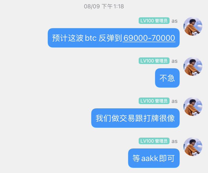 A Chinese chat screenshot dated '08/09 下午1:18' from user 'LV100 管理员' with messages stating '预计这波 btc 反弹到69000-70000' (predicting BTC rebound to 69000-70000), '不急' (no rush), '我们做交易跟打牌很像' (trading is like playing cards), and '等 aakk 即可' (just wait for aakk).