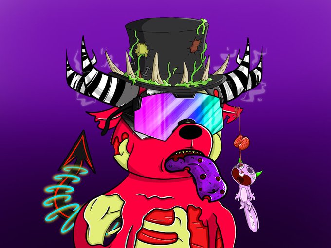 The image features a cartoon bear wearing a top hat, sunglasses, and a mask with horns. The bear has its tongue sticking out and appears to be eating something off of a plate. The background is purple, which contrasts with the red color of the bear's face. There are also some neon lights in the background that add to the overall visual effect of the image. The caption at the bottom of the image reads "Happy Mutant Monday Bullbears I'm Not Tippin My Top Hat Tho".
