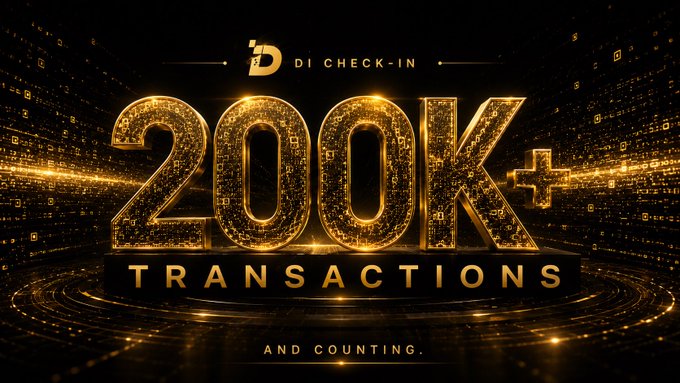 A celebratory milestone graphic featuring the text "DI CHECK-IN" above bold golden "200K+ TRANSACTIONS AND COUNTING" lettering, set against a dynamic black background with glowing digital streams and a stylized "D" logo, visually reinforcing the achievement of surpassing 200,000 transactions highlighted in the post.