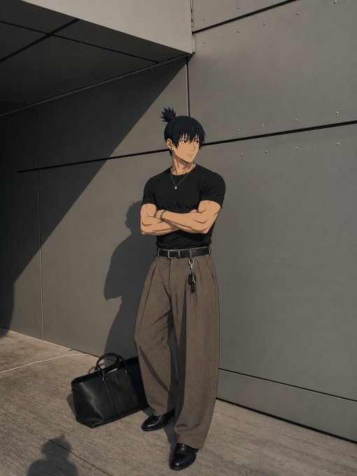 An anime-style illustration of a young man with a small ponytail, wearing a black t-shirt and brown trousers, standing with arms crossed beside a black duffel bag against a gray paneled wall.
