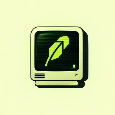 A stylized illustration of a retro CRT computer monitor displaying a bright green feather icon against a dark screen, rendered with a pixelated aesthetic.
