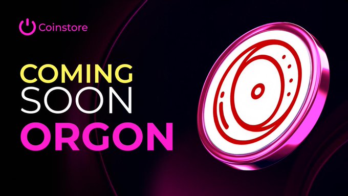 A promotional graphic featuring the Coinstore logo and "COMING SOON ORGON" text in bold yellow and pink lettering, alongside a 3D circular emblem with a vinyl-record-style design in pink, white, and red, announcing the upcoming listing of the ORGON/USDT trading pair.