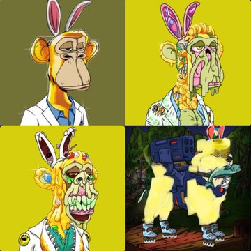 Four stylized illustrations of a Bored Ape Yacht Club (BAYC) NFT character with bunny ears, each rendered in a different artistic style against a yellow background, with the bottom-right panel showing the original digital artwork of a zombie-like ape with blue TV-shaped head and rabbit ears wearing a blazer. The image showcases a creative flex of the user's BAYC NFT collection in honor of a "Gm" (good morning) Friday post.