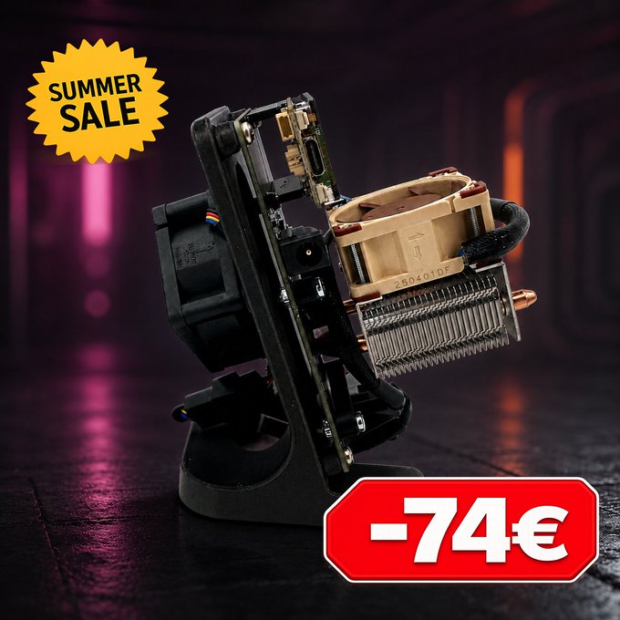 A promotional image shows a CPU cooler/heatsink with copper heat pipes and exposed chips on a dark base, marked with a 'SUMMER SALE' tag and a '-74€' discount badge in red.