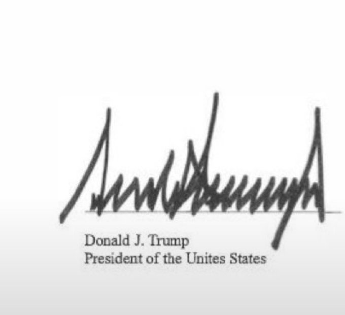 A scanned signature of Donald J. Trump is shown above his typed title 'President of the Unites States'.