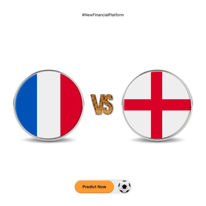 The image displays circular icons of the French tricolor flag and the English flag (St. George's Cross) facing off with "VS" between them, accompanied by a "Predict Now" button and a soccer ball graphic. Below the hashtag "#NewFinancialPlatform," this visual invites viewers to predict the score of the upcoming France vs. England match for a chance to win a share of $1,000,000 in MNT rewards through the Bybit link.