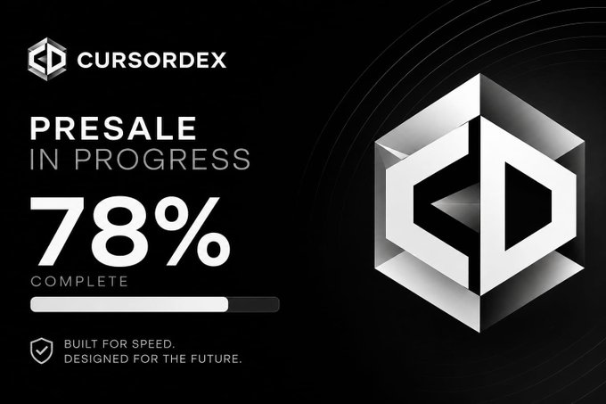 Promotional graphic showing the CursorDex ($CURS) presale is 78% complete, featuring a large metallic hexagonal "C" logo and the tagline "BUILT FOR SPEED. DESIGNED FOR THE FUTURE." to drive urgency for early participation in the giveaway promotion.