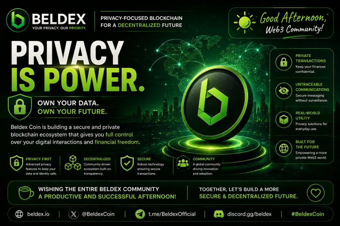 Promotional graphic for Beldex Coin with the tagline 'PRIVACY IS POWER. OWN YOUR DATA. OWN YOUR FUTURE,' highlighting features like private transactions, untraceable communications, and decentralized ecosystem.