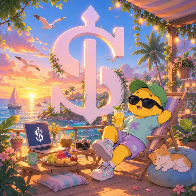 A colorful digital illustration of an anthropomorphic yellow character wearing sunglasses, a green cap, and a 'K' shirt lounging in a beach chair with a drink, next to a laptop showing a dollar sign, with a large stylized 'S' logo in the background.