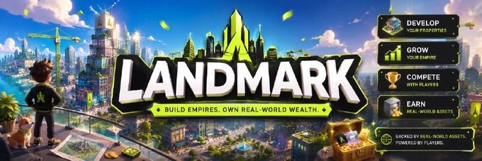 A promotional banner for 'LANDMARK' displays the tagline 'BUILD EMPIRES. OWN REAL-WORLD WEALTH' over a colorful cartoon cityscape, with side panels highlighting features: DEVELOP YOUR PROPERTIES, GROW YOUR EMPIRE, COMPETE WITH PLAYERS, and EARN REAL-WORLD ASSETS.