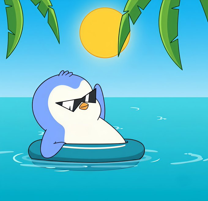 A cartoon penguin wearing sunglasses relaxes in an inner tube floating in blue water under a bright sun, with palm fronds visible at the top of the image.