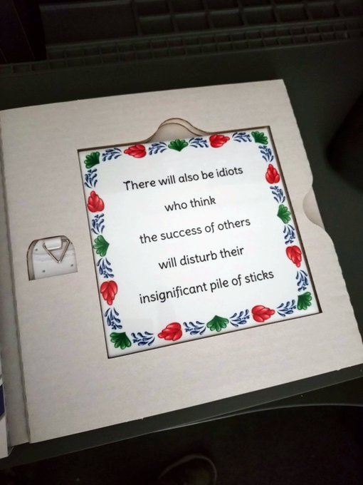 A framed print displays the text: 'There will also be idiots who think the success of others will disturb their insignificant pile of sticks.', surrounded by a floral border.