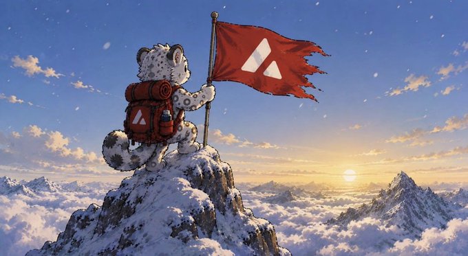 Digital illustration of a snow leopard with a red backpack planting a red flag with the Avalanche (AVAX) logo on a snowy mountain peak at sunset.
