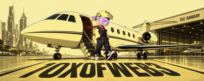 The image shows a stylized anime-like character with blonde hair and pink sunglasses stepping off a private jet on a tarmac, with "10X HANGAR" visible on a building in the background and "10XOFWEBS" written in bold text on the ground. The post about "10XOFWEBS" appears to reference this scene, framing the character as someone wealthy and powerful (via the private jet and hangar setting), suggesting an aggressive promotion or "drop" of their web project by removing or targeting "Aza" first—using the luxurious imagery to hype up the project launch.
