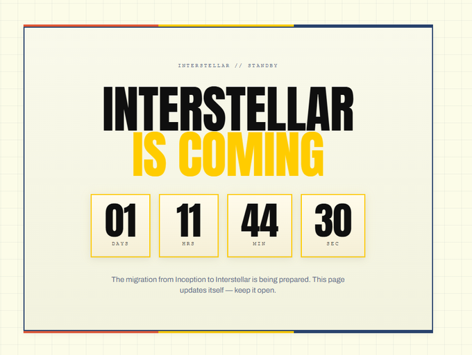 The image is a stylized countdown page announcing "INTERSTELLAR IS COMING," with a timer showing 1 day, 11 hours, 44 minutes, and 30 seconds remaining, and a note that the "migration from Inception to Interstellar is being prepared." It visually supports the accompanying post's teaser about an upcoming "Interstellar" milestone on the DAC Chain (DAC) project by displaying a live countdown to the event.