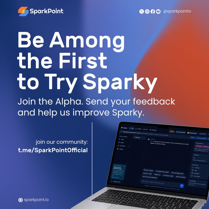 A promotional graphic for SparkPoint's "Sparky" AI platform inviting users to join the alpha testing phase, featuring the SparkPoint logo, social media handle "@sparkpointio," and a call-to-action to join their Telegram community at "t.me/SparkPointOfficial," alongside an image of a laptop displaying the Sparky interface. The ad directly supports the post announcing Sparky as an AI-native DeFi tool launching alpha on Robinhood Crypto and Base Sepolia testnets.