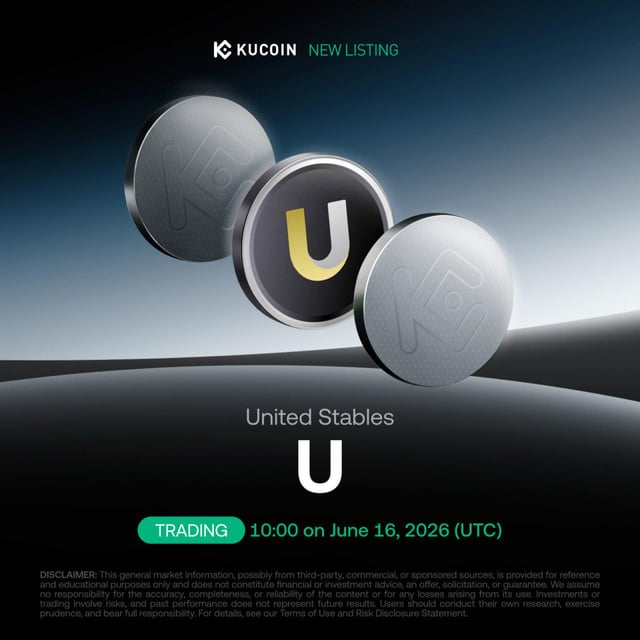The image features three coins floating in mid-air, with a large "U" in the center of each coin. The text above the coins reads "New Listing: U Is Coming to KuCoin!", indicating that there's a new listing for the cryptocurrency "U".