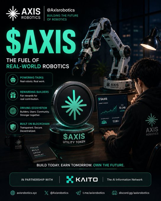A promotional graphic for Axis Robotics features the slogan "BUILDING THE FUTURE OF ROBOTICS" and showcases "$AXIS" as a utility token, with a robotic arm, a large coin displaying the Axis logo, and a person viewing a chart showing "$1,248" with "+5.7%". The image illustrates the post's point about Axis representing the "data layer for Physical AI," highlighting how the token economy aims to fuel real-world robotics development rather than just farm points.