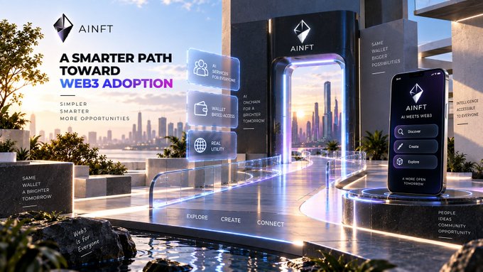 A promotional image for AINFT featuring the text 'A SMARTER PATH TOWARD WEB3 ADOPTION' and 'SIMPLER, SMARTER, MORE OPPORTUNITIES,' alongside a futuristic cityscape and floating digital panels highlighting 'AI SERVICES,' 'WALLET BASED ACCESS,' and 'REAL UTILITY.'