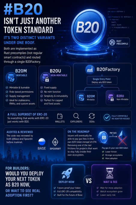 An infographic poster titled "#B20 ISN'T JUST ANOTHER TOKEN STANDARD" explaining the B20 token standard with two variants (B20U Mintable and B20U Non-Mintable) plus B20Factory, noting auditing by Base and Spearbit and pay gas fees in B20 token.