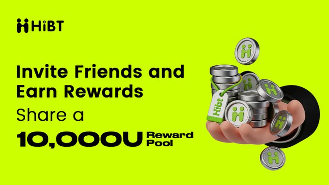 The image features a hand holding up a stack of coins, with the text "Invite Friends & Earn Rewards" written above them. The background of the image is yellow, and there are green coins scattered around the hand. Below this, there's a block of text that reads "share a reward", followed by an image of a hand holding up some coins. The text also mentions a pool for trading rewards, which could be related to cryptocurrency or another form of digital currency.