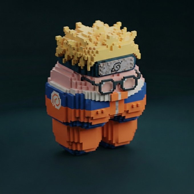 A 3D voxel art figure of an Among Us character styled as Naruto, featuring spiky blonde hair, a blue headband, and an orange and blue outfit.