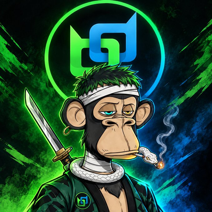 A stylized monkey character with a bandaged head, gold earring, and a katana strapped to its back smokes a cigarette while wearing a green jacket featuring a "BDX" logo, all set against a vibrant green and blue background with a large "B" emblem, visually representing the edgy, privacy-focused branding of the BeldexCoin ($BDX) cryptocurrency mentioned in the post.