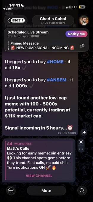 Telegram chat screenshot from 'Chad's Cabal' promoting a low-cap meme token with 100-5000x potential, featuring pinned messages about previous calls like #HOME and #ANSEM.