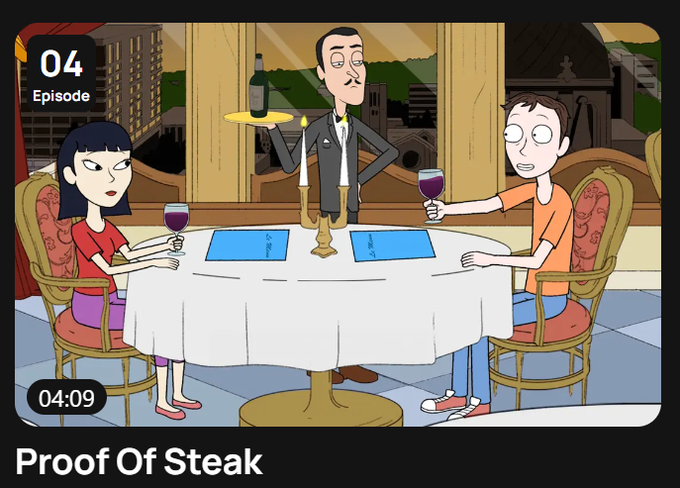 A cartoon still from an episode called 'Proof Of Steak' (Episode 04, 04:09), showing a butler presenting a tray with a bottle and candle to two people seated at a candlelit dinner table with wine glasses and menus.
