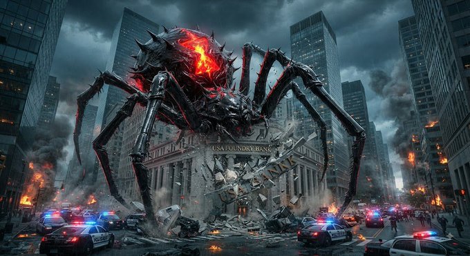 A digital artwork shows a giant, menacing spider-like monster destroying the 'USA Foundry Bank' in a ruined city while police cars with flashing lights surround the scene.