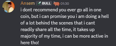 A Discord message from user "Ansєм" (with BULL role) in the #chat channel says: "i dont recomend you ever go all in one coin, but i can promise you i am doing a hell of a lot behind the scenes that i cant readyly share all the time, it takes up majority of my time, i can be more active in here tho!" The image supports the post's claim that Ansem has been "cooking behind the scenes" and hints at increased future engagement on the platform.