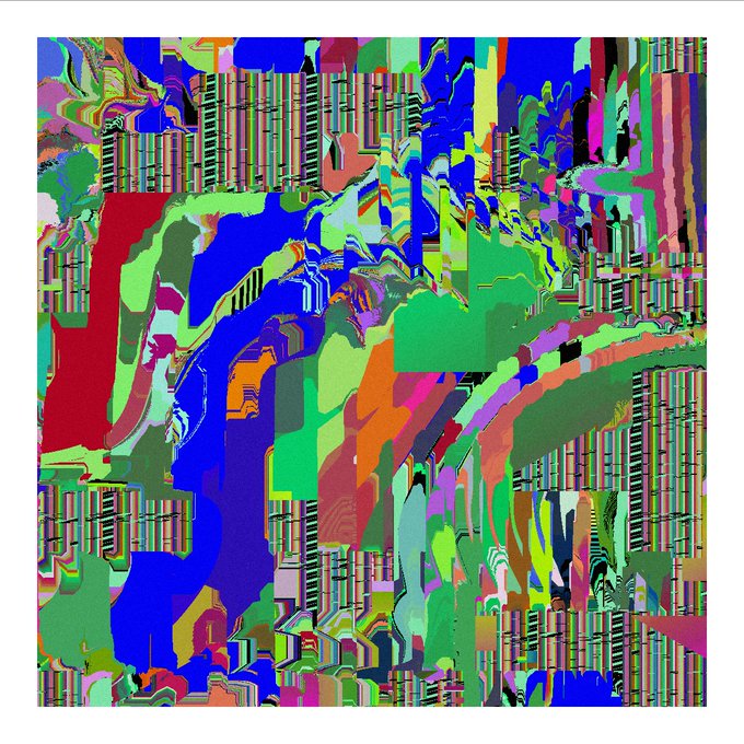 An abstract, glitch-art style digital artwork featuring vibrant blue, green, red, and pink colors with distorted figures and striped patterns.