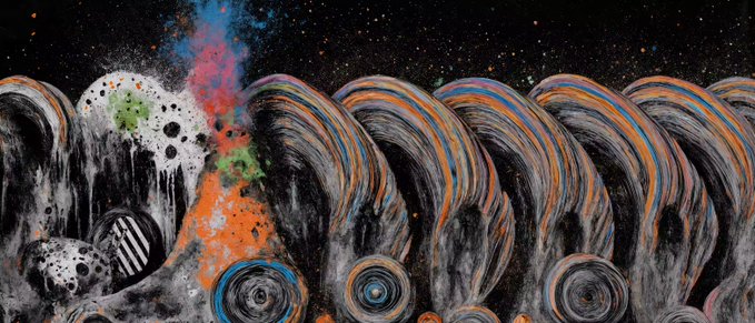 An abstract painting featuring a row of curved, arch-like forms in orange, blue, and black with circular designs, set against a starry cosmic background with colorful paint splatters.