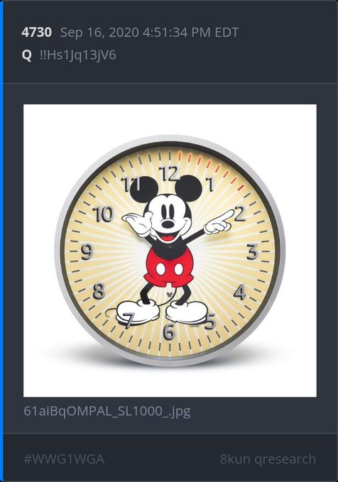 A Mickey Mouse clock on a dark research interface dated Sep 16, 2020, with the filename 61aIBqOMPAL_SL1000_.jpg and hashtag #WWG1WGA from 8kun qresearch.