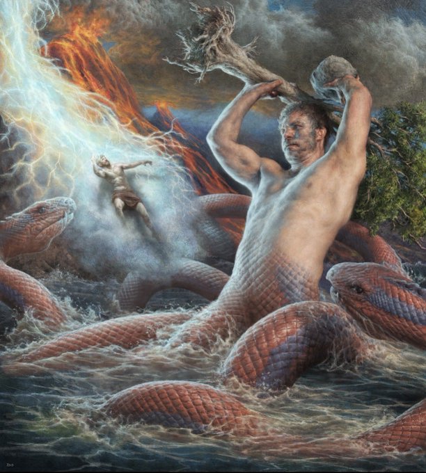 A mythological painting features a muscular figure with a serpent's lower body rising from turbulent waters, holding a tree branch as another figure ascends in a beam of light amid volcanic and stormy skies.