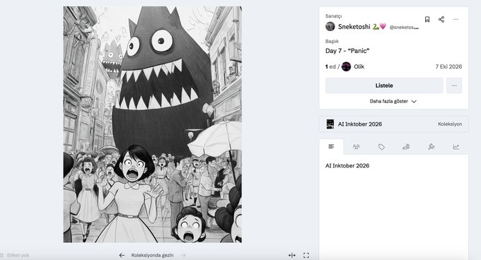 A screenshot of a social media post shows a black-and-white manga illustration of a large monster in a crowded street, posted by user 'Sneketoshi' with a caption referencing 'Day 7 - Panic' and 'A1 Inktober 2026'.