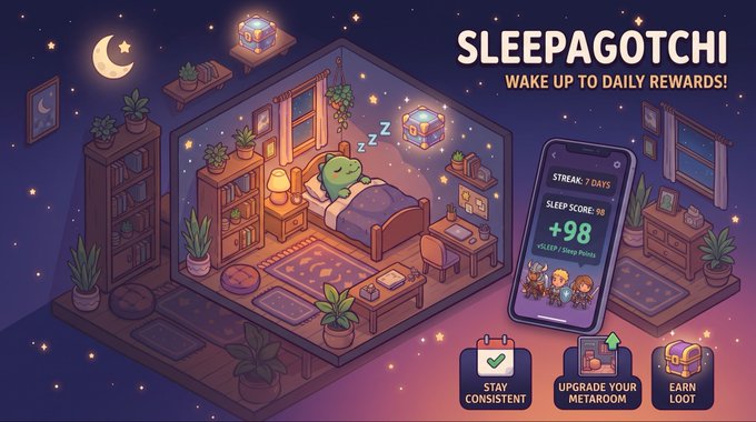 A promotional graphic for 'SLEEPAGOTCHI - WAKE UP TO DAILY REWARDS!' featuring an isometric room scene with a sleeping frog character and a smartphone showing a 'STREAK: 7 DAYS' and 'SLEEP SCORE: 98'.